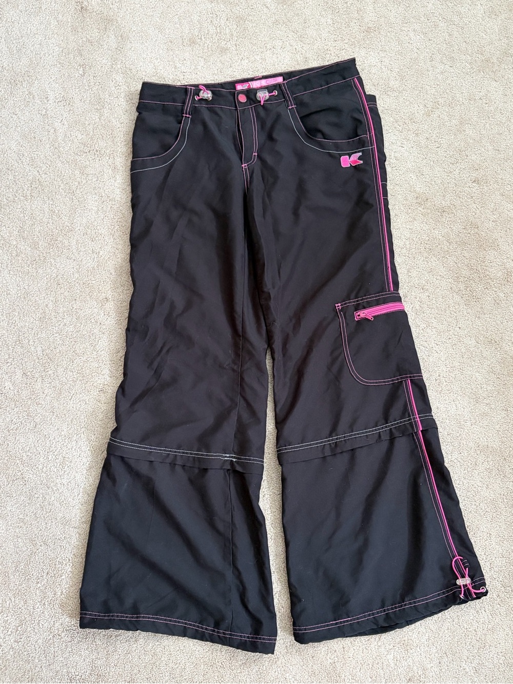 Black Wide-Leg KikGirl Y2K Pants with Pink Trim